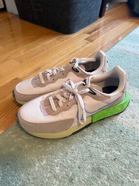 Nike Women's Pink Cream Sneakers with Neon Green Heel Accent